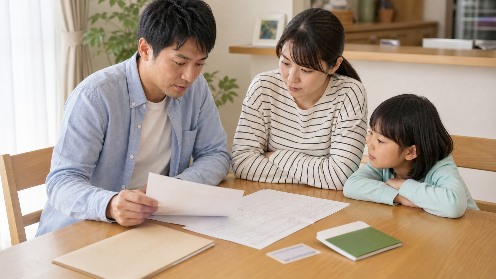 美濃加茂市の物価高騰給付金の申請書を確認する家族
