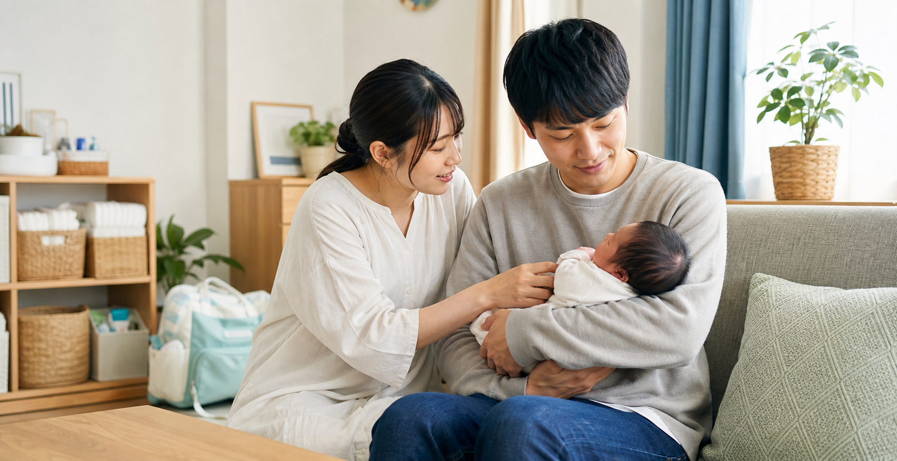 赤ちゃんを抱く両親と育児用品のある室内